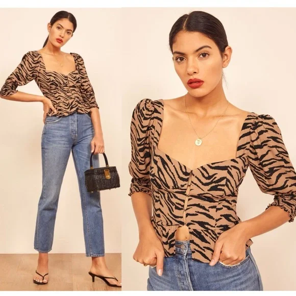 NWT REFORMATION Tiger Stripe Sweetheart Neck Puff Sleeve Peplum Coquette Top 0 - Picture 1 of 8